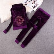 Juicy Couture Embroidery Floral JC Velour Tracksuits 2226 2pcs Women Suits Purple