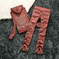 Juicy Couture Studded Logo Crown Velour Tracksuits 605 2pcs Women Suits Coffee Red