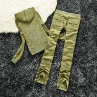 Juicy Couture Studded Logo Crown Velour Tracksuits 605 2pcs Women Suits Military Green